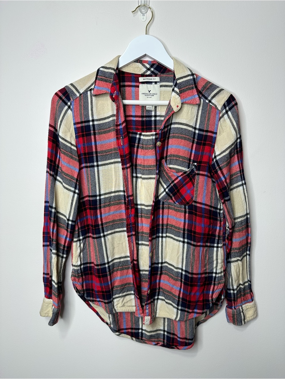American Eagle Outfitters Plaid Boyfriend Fit Shirt Jacket - Red, Navy & Cream - Picture 5 of 5